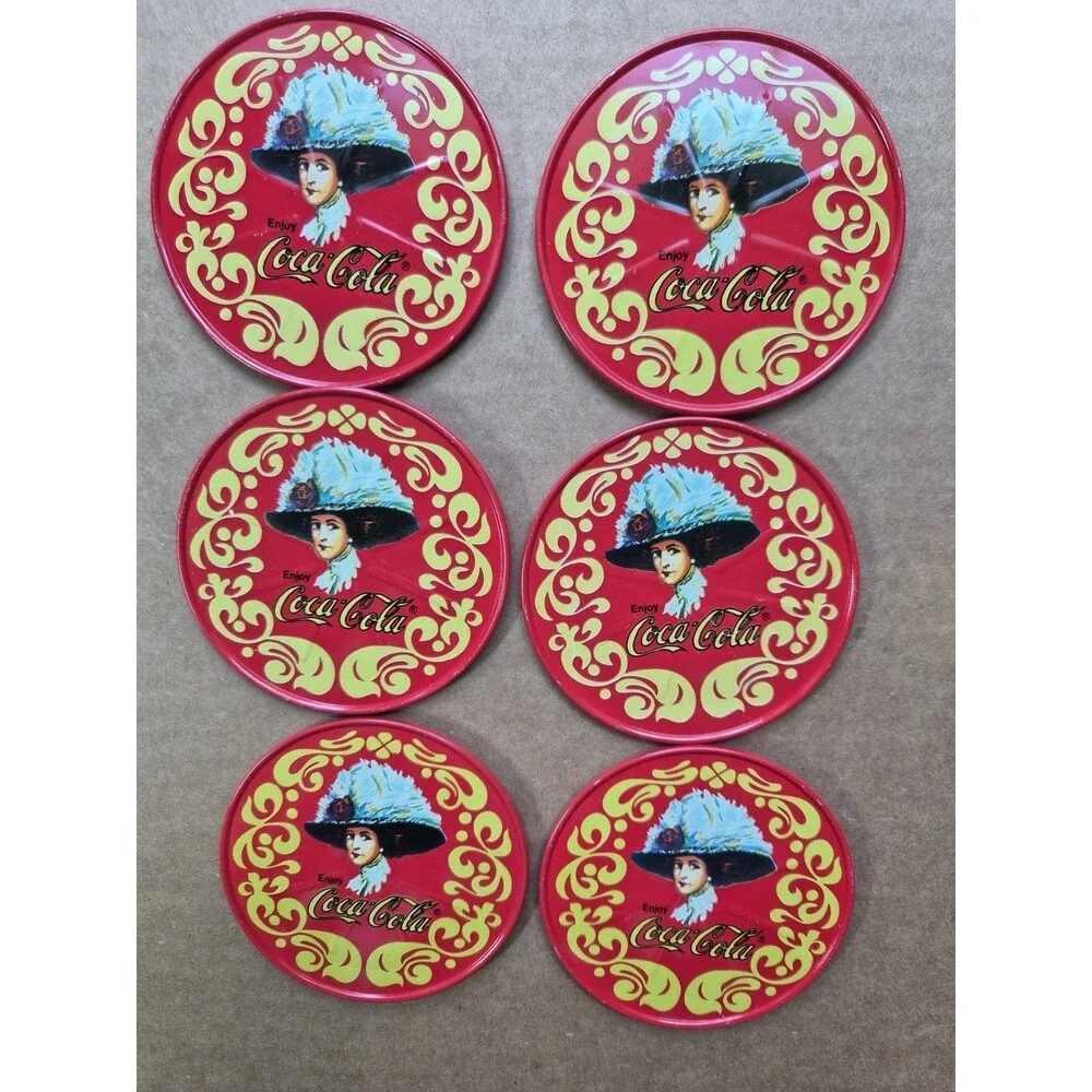 Vintage Coca Cola Old Fashioned Tin & Coasters Victorian Lady Cork Back Set